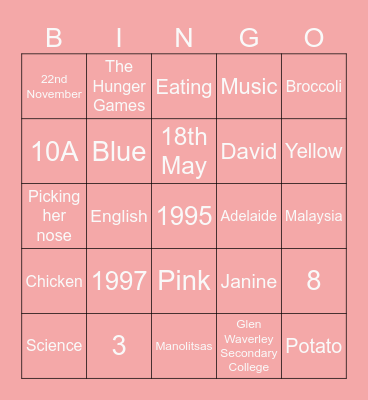 Janine's Hens Day Bingo Card