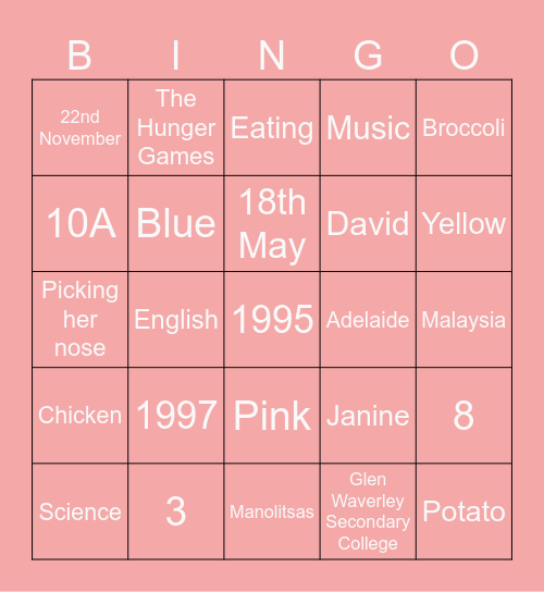 Janine's Hens Day Bingo Card