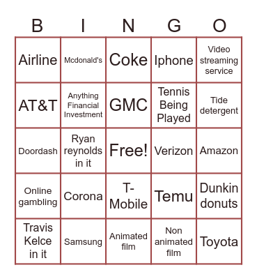 Superbowl Commercial Bingo Card