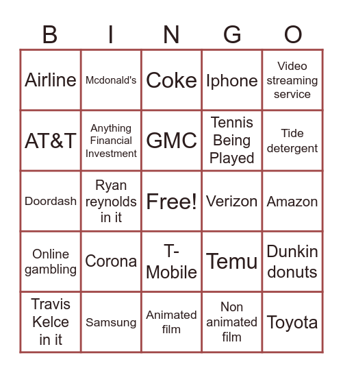 Superbowl Commercial Bingo Card