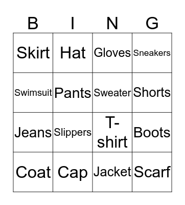 Clothes Bingo Card