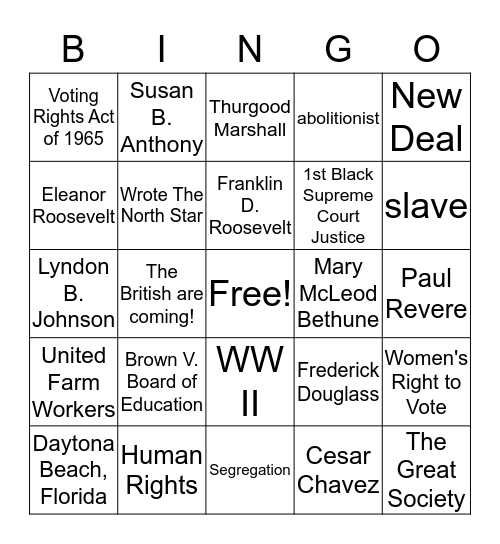 Famous Historical Americans Bingo Card