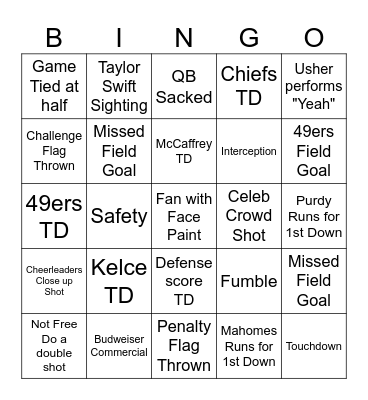 SuperBowl Bingo Card