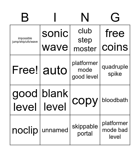 unnamed bloodbath club step moster impossible jump/ship/ufo/wave free space good level sonic wave random copy skippable portal auto noclip free coins blank level bad level quadruple spike Bingo Card