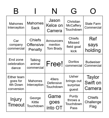 Super Bowl 2024 Bingo Card