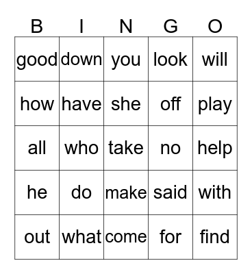 Kindergarten Sight Words Bingo Card