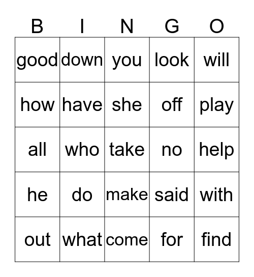 Kindergarten Sight Words Bingo Card