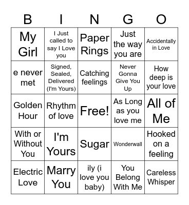 Love Songs Mix #1 Bingo Card