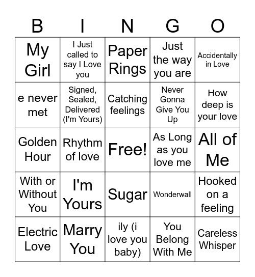 Love Songs Mix #1 Bingo Card