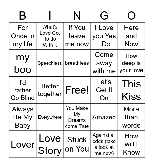 Love Song Mix #2 Bingo Card