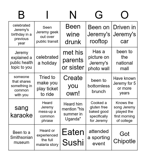 Who has done what with Jeremy? Bingo Card