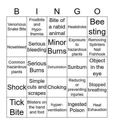 First Aid Bingo Card