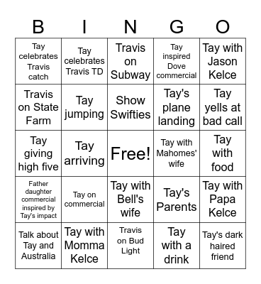 Traylor Super Bowl Bingo Card