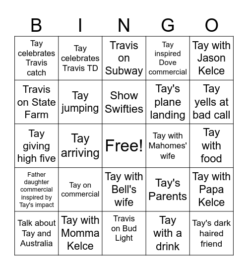 Traylor Super Bowl Bingo Card