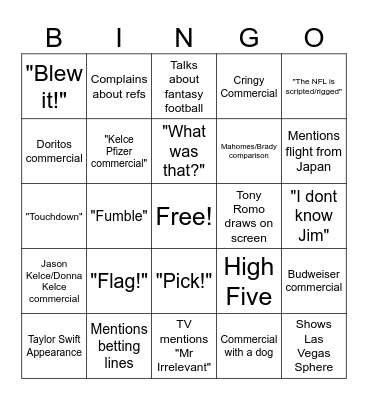 Super Bowl 58 Girlfriend Bingo Card