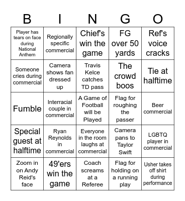 Superbowl Bingo Card