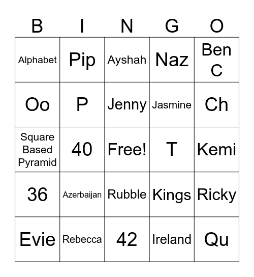 Tuesday 3rd September Bingo Card