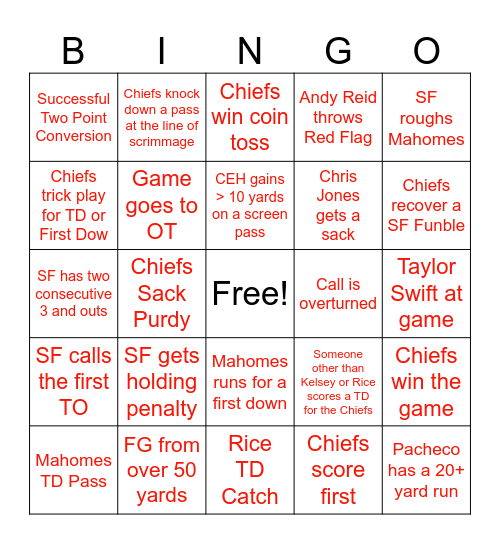 Chiefs Bingo Card