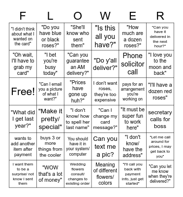 Florist Valentine Bingo Card