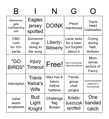 The Schmidt's Superbowl BingoIn Bingo Card