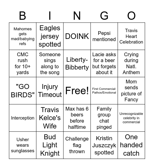 The Schmidt's Superbowl BingoIn Bingo Card