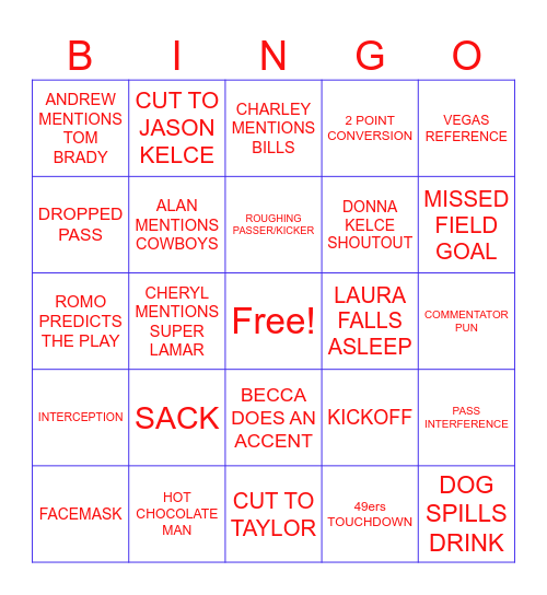 Super Bowl Bingo Card