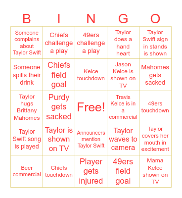 Taylor Swift Super Bowl Bingo Card