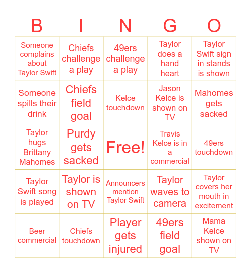 Taylor Swift Super Bowl Bingo Card