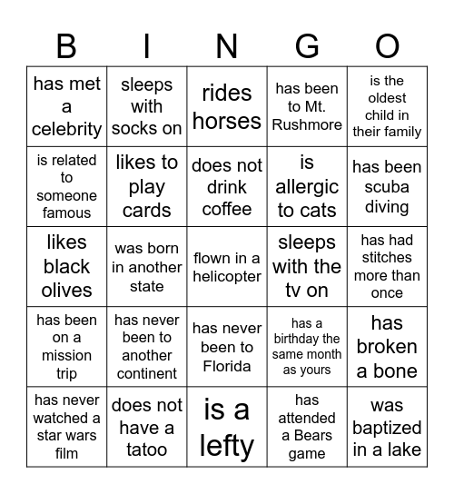 Find Someone who...find a different person for each box Bingo Card