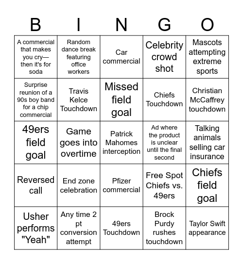 SUPER BOWL 2024 Bingo Card