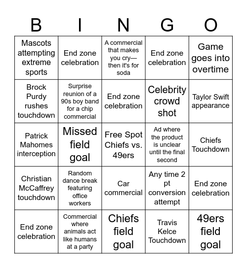 SUPER BOWL 2024 Bingo Card