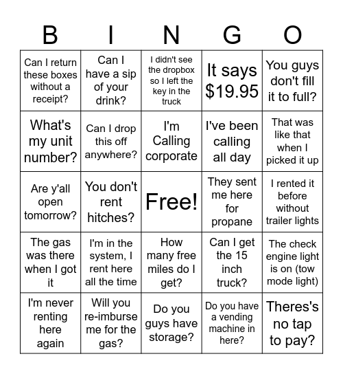 U-Haul Staff Bingo Card