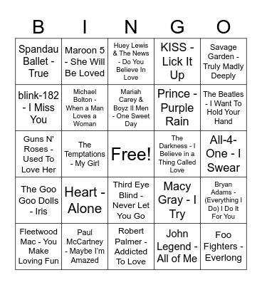 Love Song Blackout Bingo Card