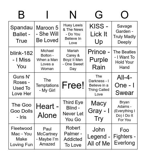 Love Song Blackout Bingo Card