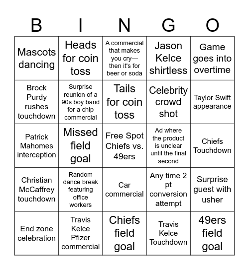 SUPER BOWL 2024 Bingo Card