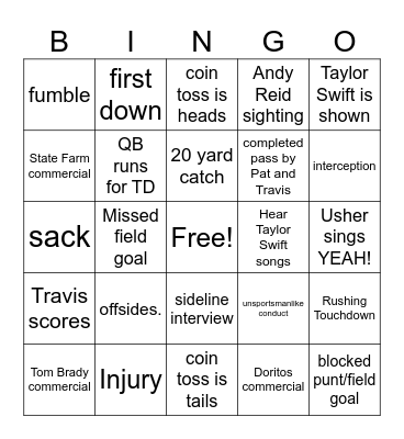 Chiefs vs 49ers Bingo Card
