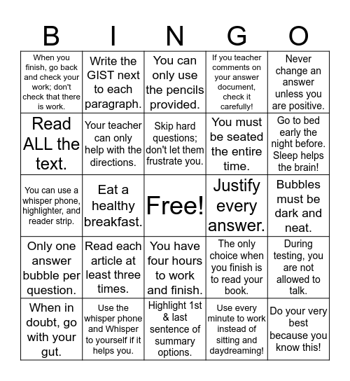 STAAR Reading Testing Bingo Card