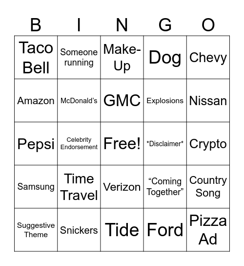 Superbowl Ad Bingo Card