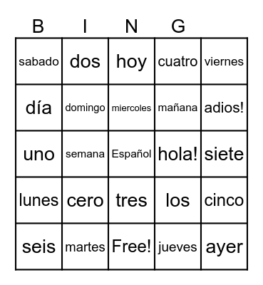 Los dias de la semana Bingo Card
