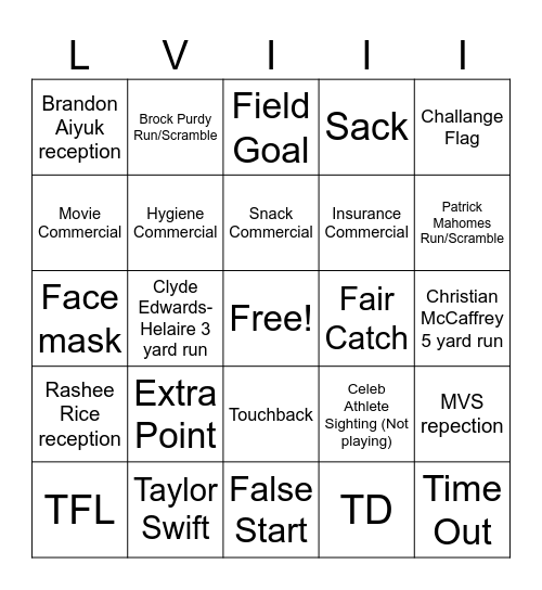 Superbowl Bingo Card