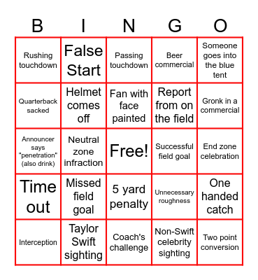 Bad Blood Superbowl Bingo Card