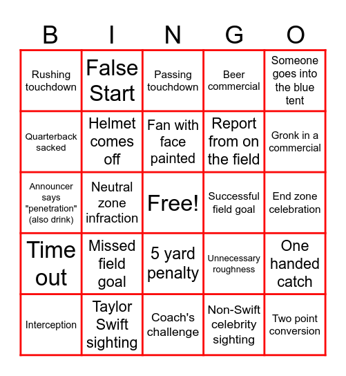 Bad Blood Superbowl Bingo Card