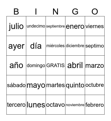 Los días de la semana y los meses del año Bingo Card
