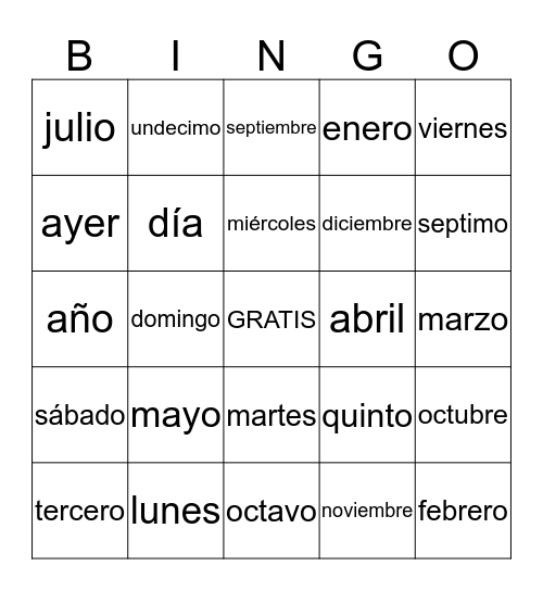 Los días de la semana y los meses del año Bingo Card