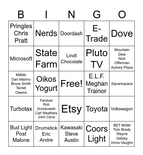 Super Bowl Commercials 2024 Bingo Card