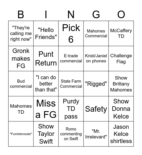 Super Bowl LVIII Bingo Card