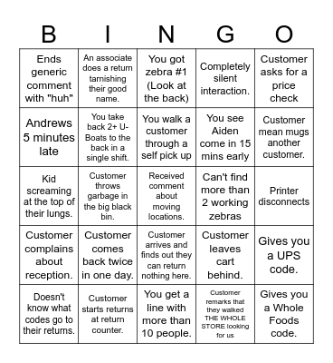 Amazon Returns Bingo Card