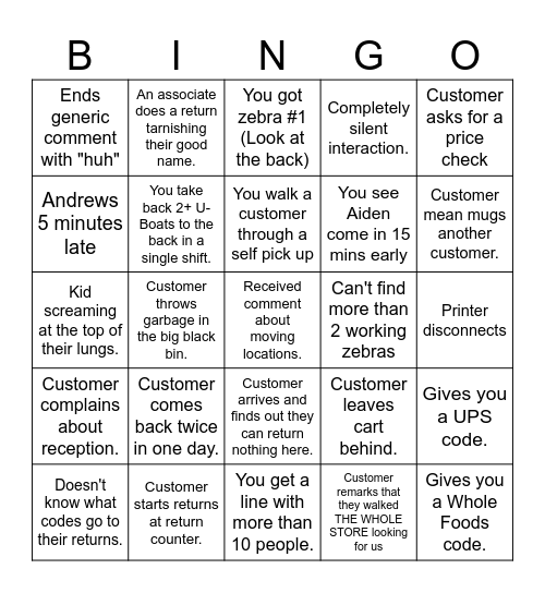 Amazon Returns Bingo Card