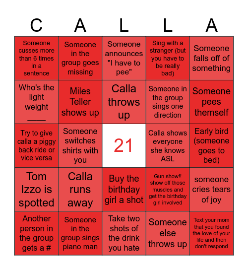 Calla's 21st Bingo Card