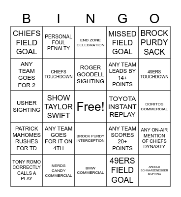 Byron Super Bowl 2024 Bingo Card